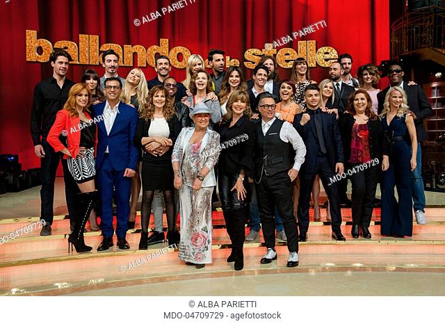 Milly Carlucci, Paolo Belli and Carolyn Smith with the entire cast, competitors and dancers masters, at the press conference of the RAI TV show Ballando con le...