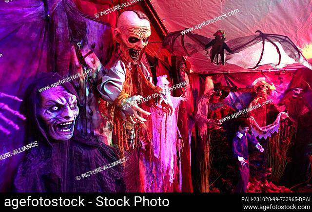PRODUCTION - 26 October 2023, Schleswig-Holstein, Lübeck: Skeletons and ghost dolls stand in a tent at the Halloween House in the Kücknitz district