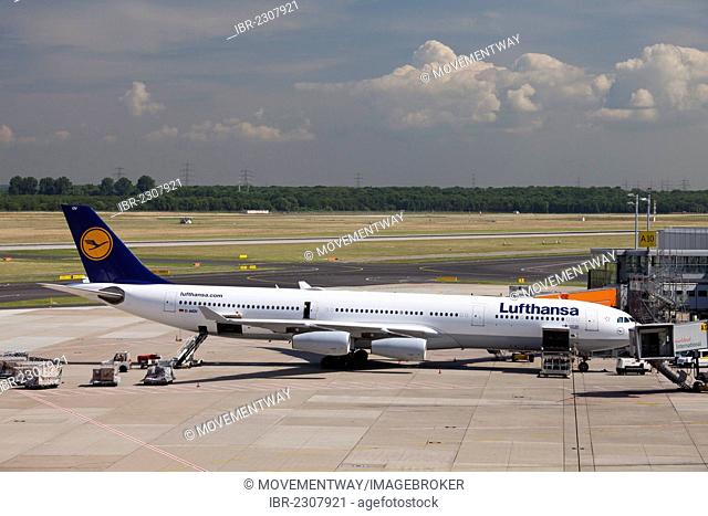 Lufthansa aircraft at the gate, Airbus A340-300, Duesseldorf Airport, Rhineland region, North Rhine-Westphalia, Germany, Europe