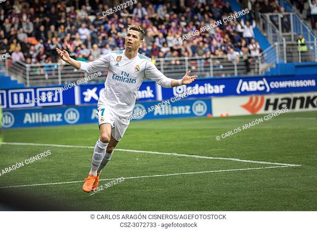 Cristiano Ronaldo, CR7, Real Madrid player, in action during a Spanish League match between Eibar and Real Madrid