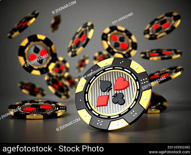 Falling casino chips on reflective dark background. 3D illustration