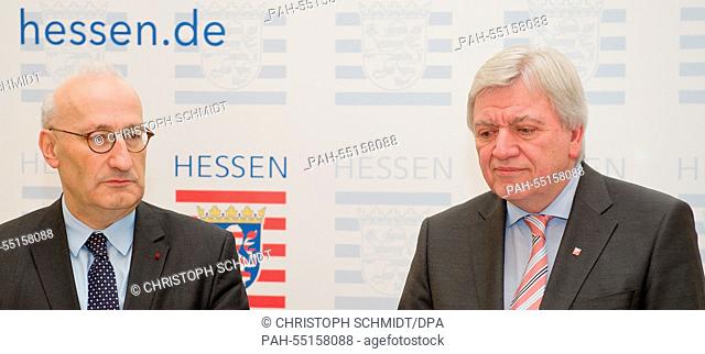 The State Premier of Hesse, Volker Bouffier (R, CDU) welcomes the French Ambassador to Germany, Philippe Etienne (L), in the State Chancellery in Wiesbaden