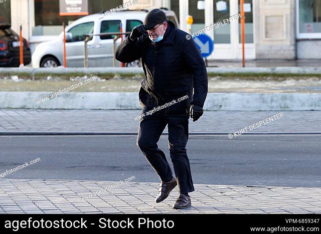 Illustration picture shows a man walking through high winds, in Oostende as storm Corrie hits the Belgian coast of the North Sea, Monday 31 January 2022