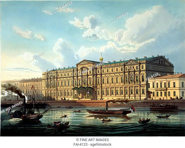 The Old Michael Palace and Palace Quay in Saint Petersburg. Charlemagne, Adolf (1826-1901). Colour lithograph. Classicism. 1853. A