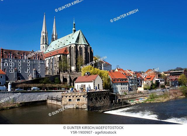 View fom the old city bridge over the Neisse river to Vierraden mill and St. Peter's Church, Görlitz, Saxony, Germany, Europe