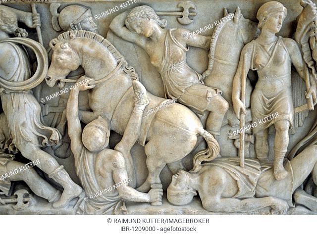 Sarcophagus-relief, Nereides and Tritons with shield, gallery, Capitoline Museums, Palazzo Nuovo, Capitoline Hill, Rome, Lazio, Italy, Europe