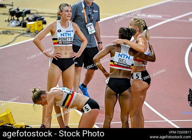 Belgian Naomi Van den Broeck, Belgian Imke Vervaet, Belgian Helena Ponette and Belgian Hanne Claes celebrate after the 4x400m Women Relay heats at the World...
