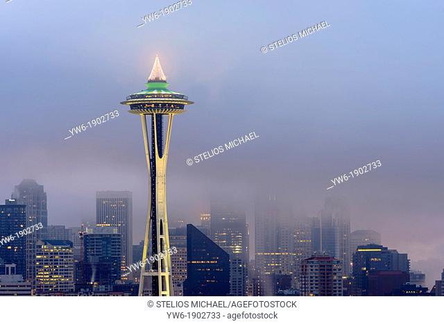 Seattle Skyline and Space Needle at dawn viewed from Kerry Park, Washington, USA