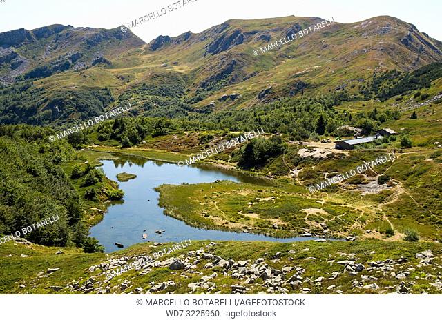 lake and landscape of the abetone mountains, pistoia, tuscany, italy