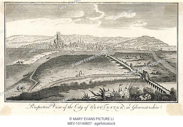 A perspective view of the city looking down & across the surrounding countryside. The cathedral, local sailing boats, the river Severn & turnpike road are all...