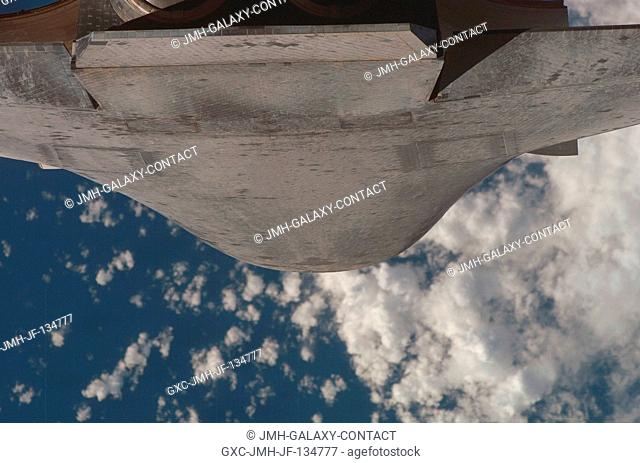 This view of the underside of Space Shuttle Atlantis was provided by an Expedition 15 crewmember during a back-flip for the RPM survey by the approaching...