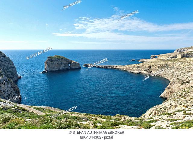 Bay with Fungus Rock and the Azure Window, limestone known as Lower Corallian, Dwejra Bay and Dwejra Point, West Coast, Gozo, Malta