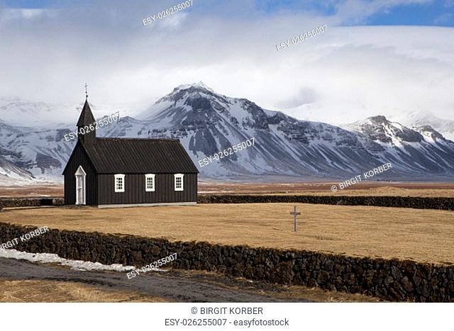 Black church of Budir in Iceland, springtime