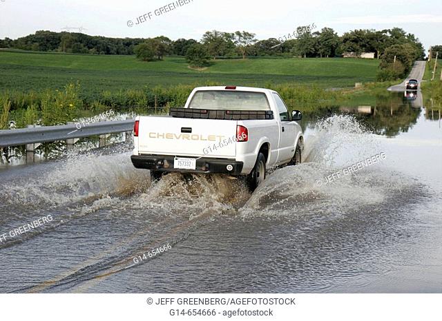 Indiana, Lake County, Belshaw, West Creek, flooding, rural road, pickup truck, high water