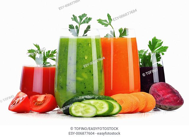 Glasses with fresh vegetable juices isolated on white. Detox diet