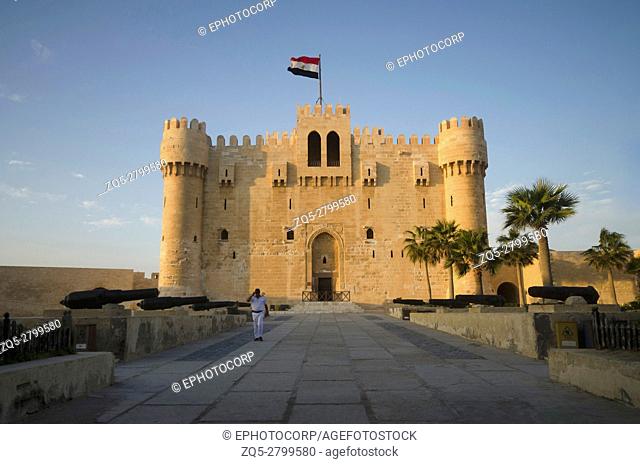 Front view of The Citadel of Qaitbay (Qaitbay Fort), Is a 15th century defensive fortress located on the Mediterranean sea coast