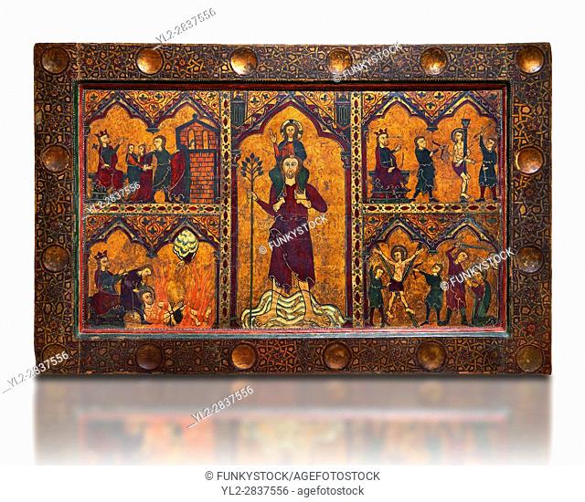 Gothic painted Altar frontal of Saint Christopher by Master of Soriguerola. Tempera and varnished metal plate on wood. Beginning of 14th century