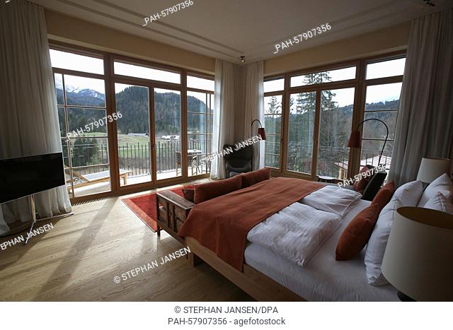 A view of a bedroom in a suite in the new construction 'Retreat' at Schloss Elmau in Elmau,  Germany, 27 April 2015. The G7-Summit is taking place in the luxury...