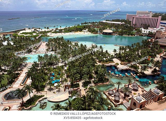 Bahamas, New Providence Island, Nassau: Atlantis Resort, Paradise Island Swimming pools and beach Aerial view