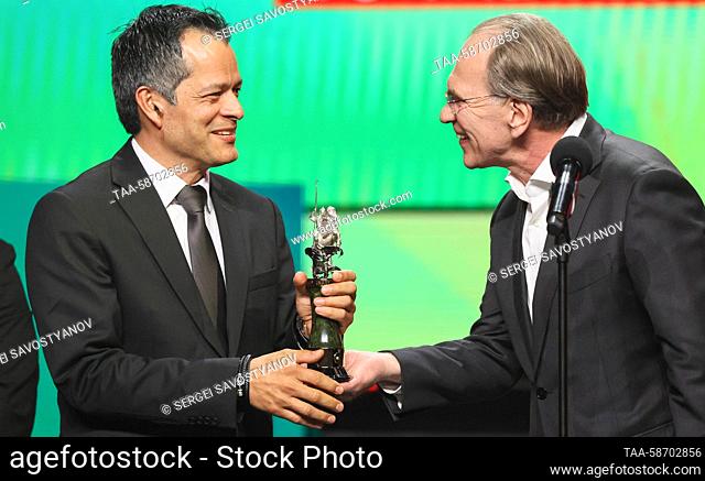 RUSSIA, MOSCOW - APRIL 27, 2023: Mexican film director Tonatiuh Garcia receives the Silver St George for Best Director with his picture Luna Negra [Black Moon]