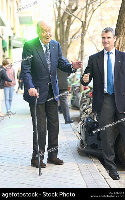 King Juan Carlos of Spain leaves Pa-Bu restaurant after lunch for Princess Elena 60 Birthday on December 20, 2023 in Madrid, Spain