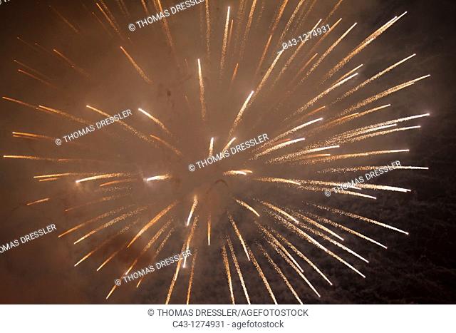 Spain - Fireworks at night in the town of Marbella  Málaga province, Andalucía, Spain