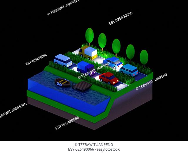 isometric city buildings, landscape, Road and river, night scene