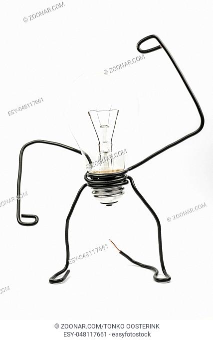 Emotional fantasy figure of a transparant light bulb and black electrical wires
