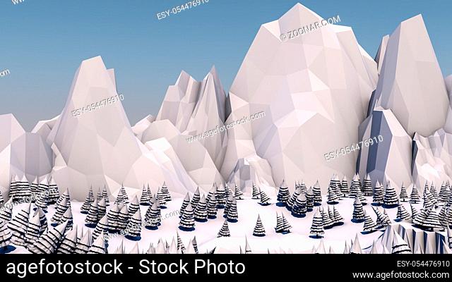 Low poly forest landscape. Illustration in light colors. Spruce forest and mountains. 3d render