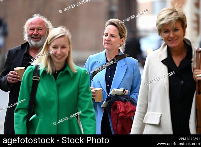 Maaike Cafmeyer and her partner, lawyer An-Sofie Raes and lawyer Christine Mussche pictured before the afternoon session at the Criminal Court in Mechelen in...