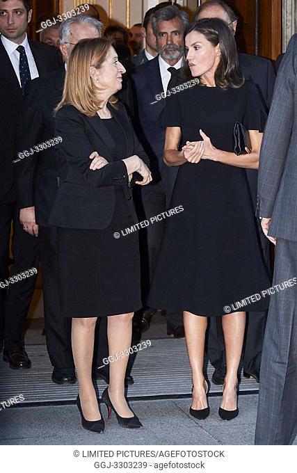 King Felipe VI of Spain, Queen Letizia of Spain attends Alfredo Perez Rubalcaba Funeral Chapel In Madrid at Congreso de los Diputados on May 10, 2019 in Madrid