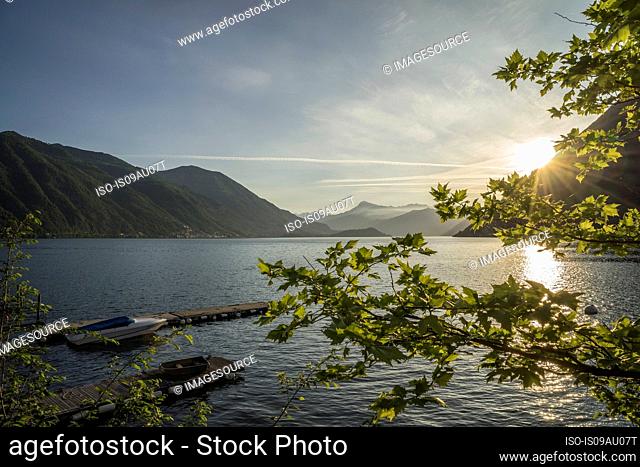 Elevated view of sunrise over Lake Como, Italy