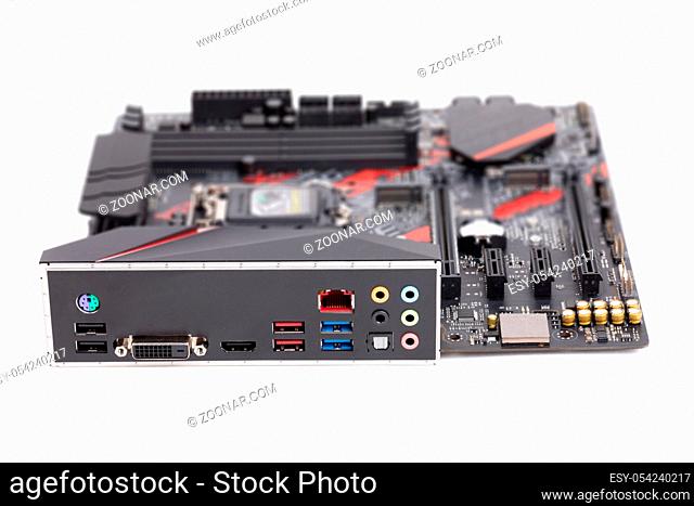 gaming PC mainboard - motherboard with installed CPU and Cooler with heat-pipes and ventilator fan for new processors 9th generation isolated on white...
