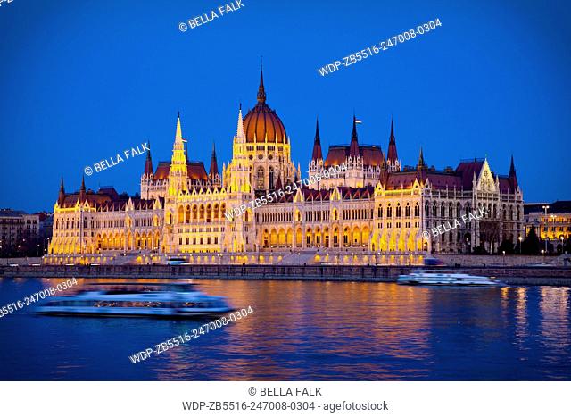 The Parliament Building seen from across the Danube River, Budapest, Hungary