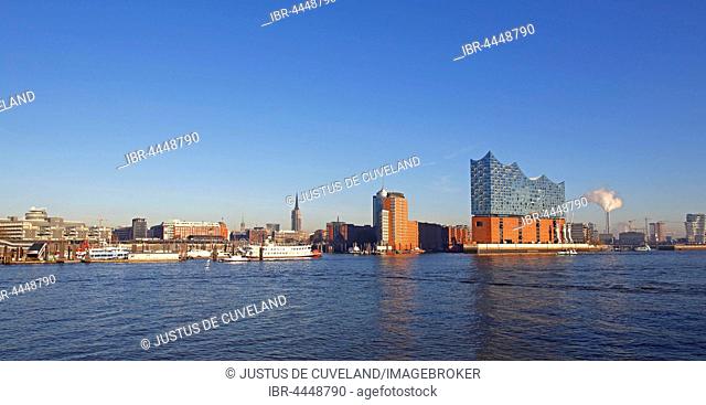 Port of Hamburg, northern bank of the Elbe River with Elbphilharmonie, Elbe Philharmonic Hall, Hanseatic Trade Center and office buildings, Kehrwiederspitze
