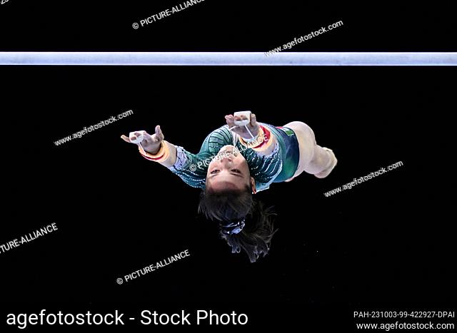 02 October 2023, Belgium, Antwerpen: Gymnastics: World Championship 2023, Women, Qualification, Sportpaleis. Paulina Campos from Mexico in action on uneven bars