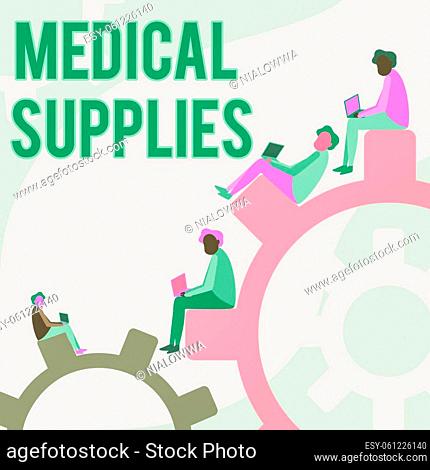 Conceptual display Medical Supplies, Business concept Items necessary for treatment of illness or injury Four Teammates Drawing Sitting Gears Using Laptop...