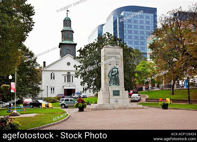 Cenotaph honouring the war dead and St Paul's Church on the Grand Parade in downtown Halifax, Nova Scotia, Canada