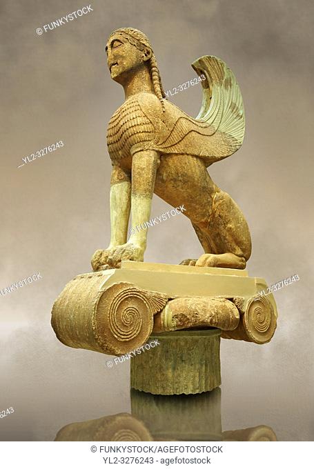 Large Sphinx of Naxos sitting on an Ionic column circa 560 B. C. Delphi Archaeological Museum