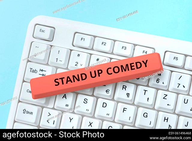 Conceptual caption Stand Up Comedy, Business overview Comedian performing speaking in front of live audience Hands Holding Lamp Rocket With Businessman...