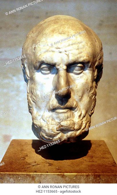 Hippocrates of Cos, Ancient Greek physician. Hippocrates (c460-377 BC) is known as the father of medicine. Portrait bust, from the Louvre, Paris