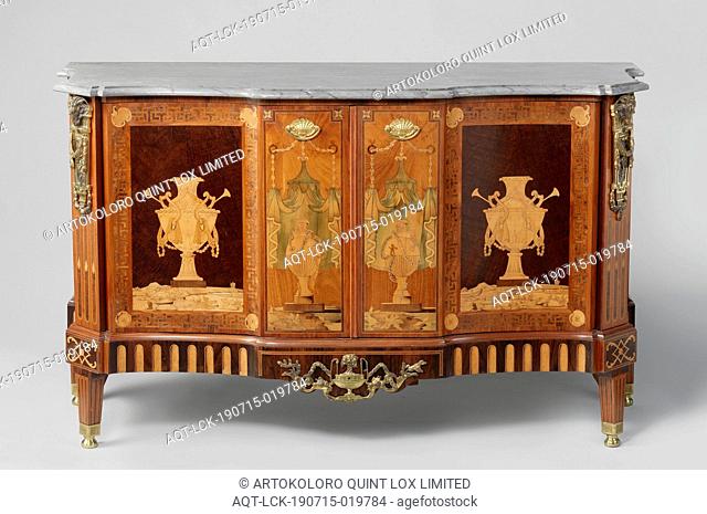 Chest of drawers and two cupboards Chest of oak, glued with various types of wood and with gilt copper fittings and a gray-white veined marble top, Chest of oak