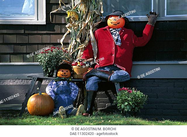 Pumpkins decorated for Halloween celebration, Peacham, Vermont, United States of America