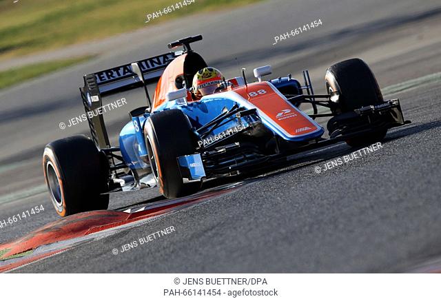 Indonesian Formula One driver Rio Haryanto of Manor Racing steers his car during the training session for the upcoming Formula One season at the Circuit de...