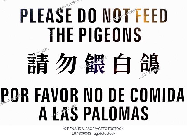 Sign 'Please do not feed the pigeons' in English, Spanish and Chinese. San Francisco, California. USA
