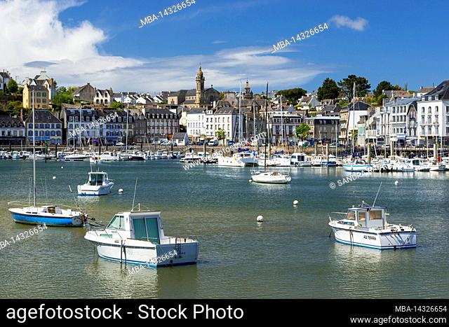 in the port of Audierne, residential and commercial buildings in the port district, France, Brittany, Finistère department