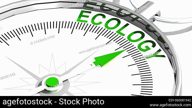Ecology word on white compass, 3d rendering