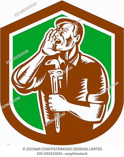 Illustration of a plumber shouting calling out with hand on mouth holding adjustable monkey wrench set inside shield crest on isolated background done in retro...