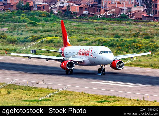Cusco, Peru - 2. Februar 2019: Ein Airbus A320 der Avianca Costa Rica mit dem Kennzeichen N479TA auf dem Flughafen Cusco (CUZ) in Peru