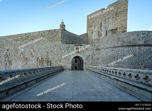 Early in the morning through the deserted streets near the Ploce Gate in the old town of Dubrovnik, Dalmatia, Croatia